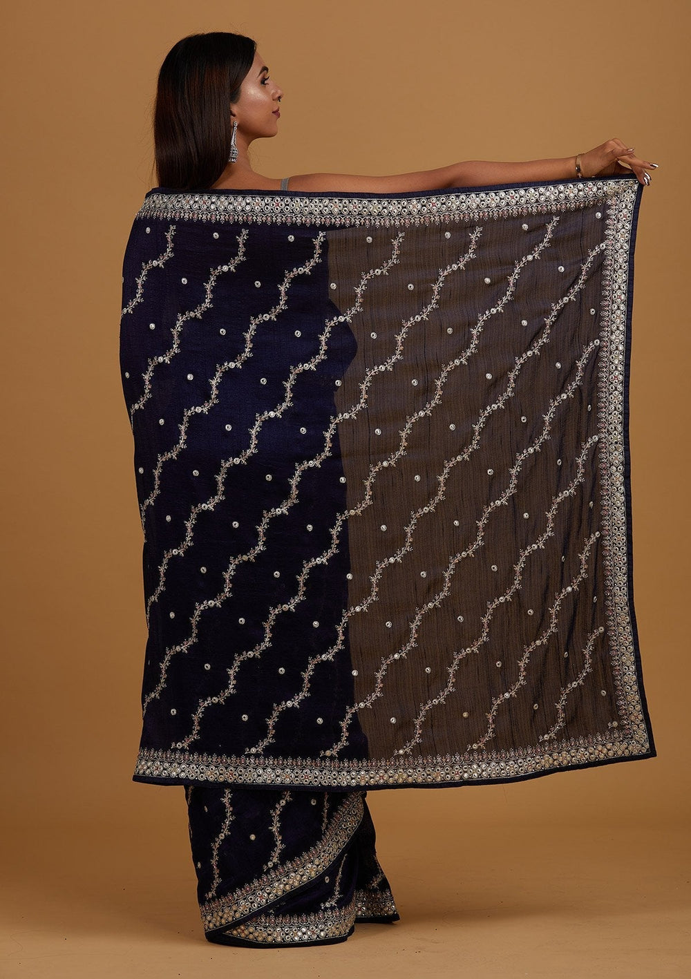 Navy Blue Silver Zariwork Raw Silk Designer Saree - Koskii