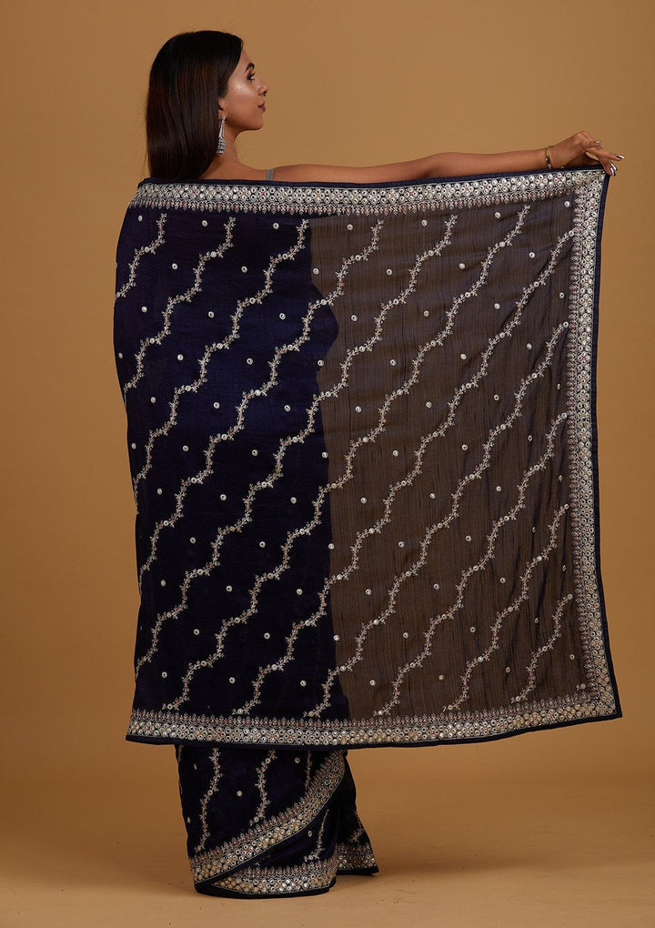 Navy Blue Silver Zariwork Raw Silk Designer Saree - Koskii
