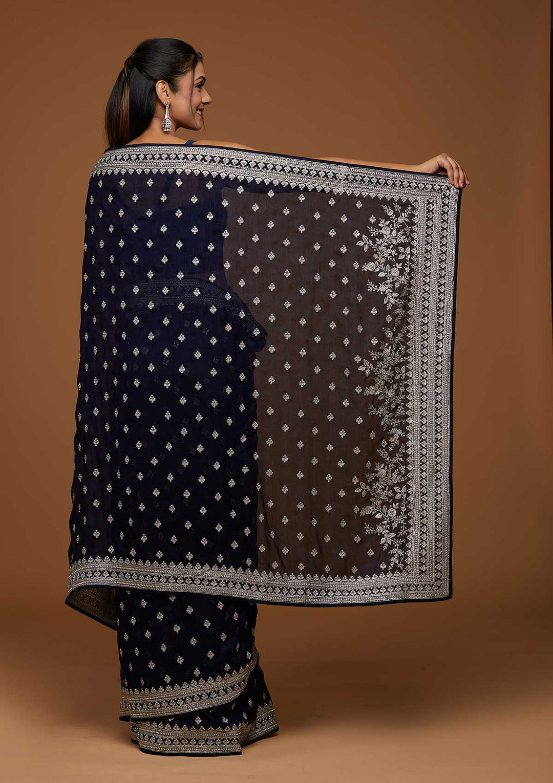 Navy Blue Silver Zariwork Raw Silk Saree-Koskii