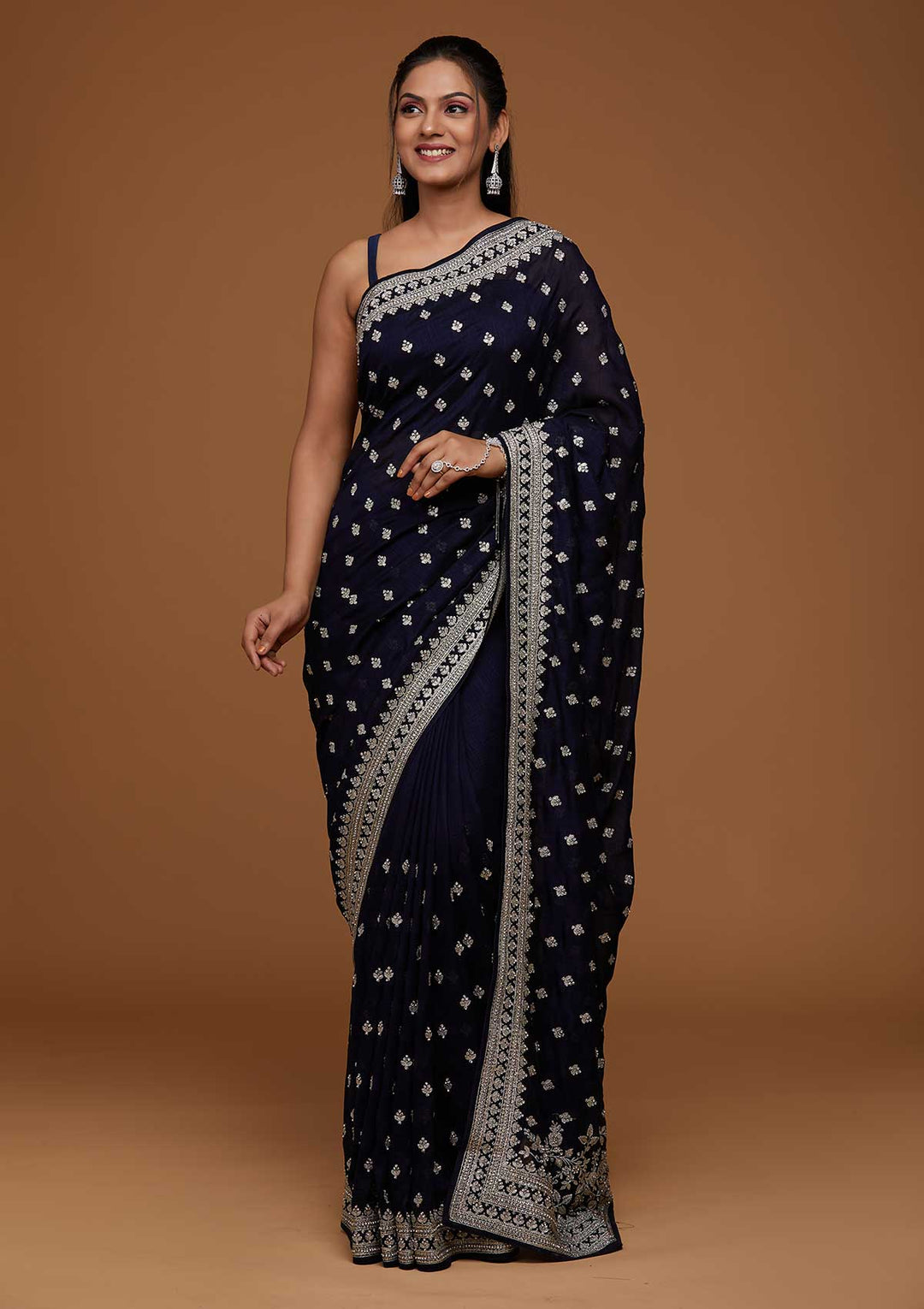 Navy Blue Silver Zariwork Raw Silk Saree-Koskii