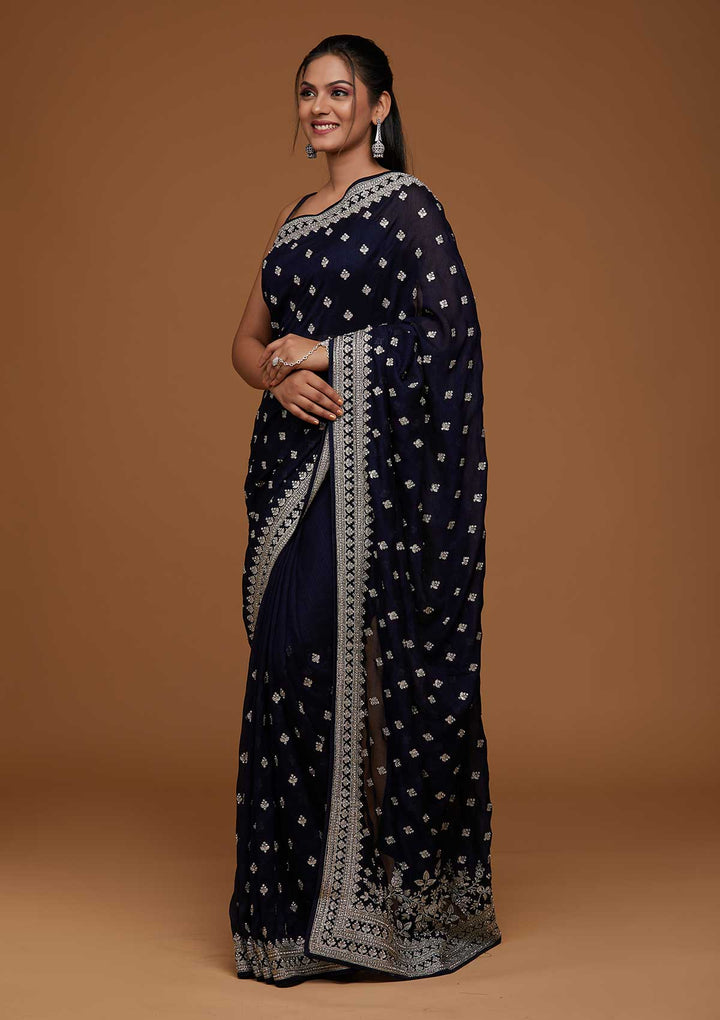 Navy Blue Silver Zariwork Raw Silk Saree-Koskii