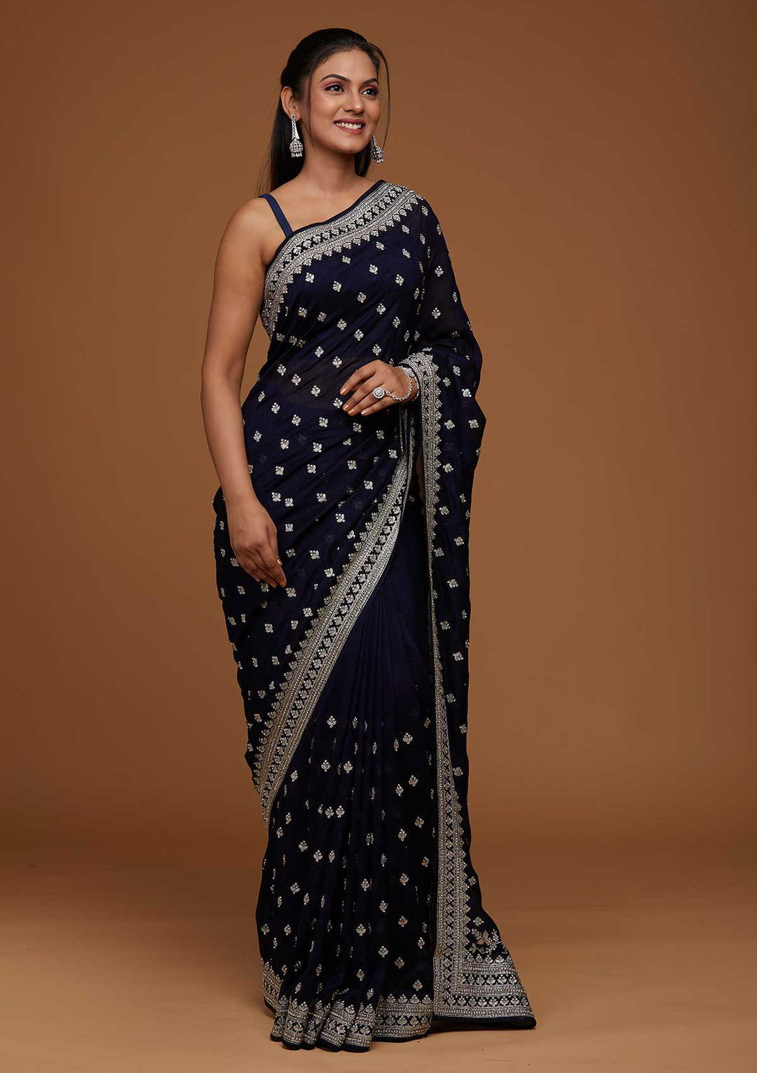 Navy Blue Silver Zariwork Raw Silk Saree-Koskii