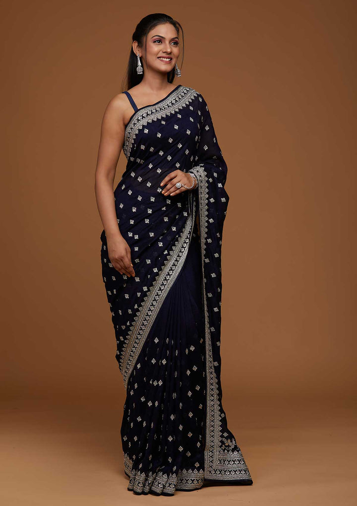 Navy Blue Silver Zariwork Raw Silk Saree-Koskii