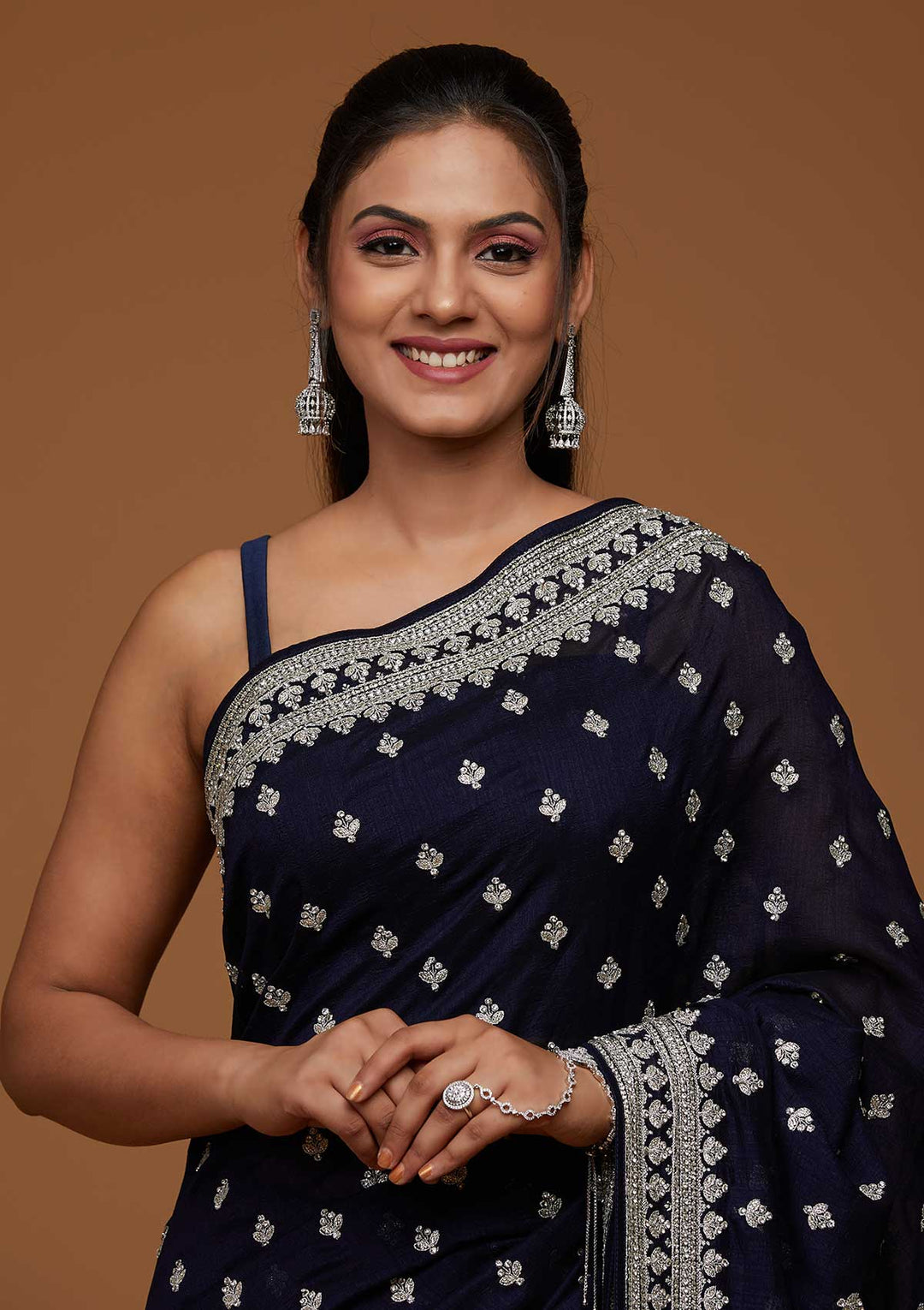 Navy Blue Silver Zariwork Raw Silk Saree-Koskii