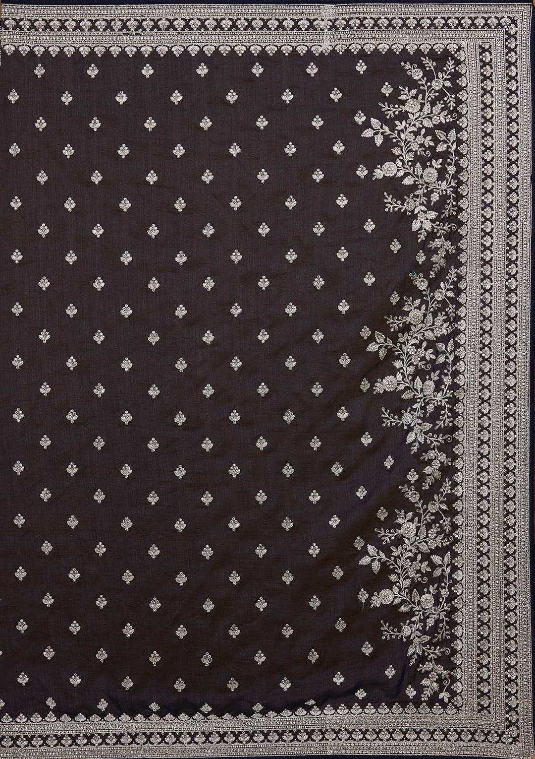 Navy Blue Silver Zariwork Raw Silk Saree-Koskii