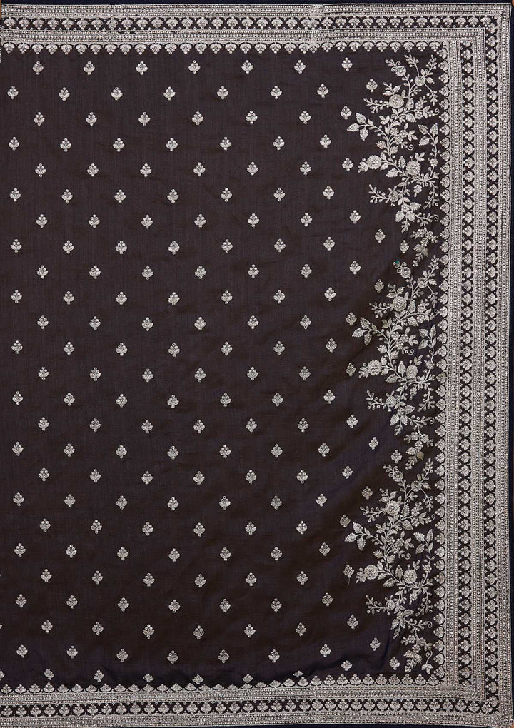 Navy Blue Silver Zariwork Raw Silk Saree-Koskii