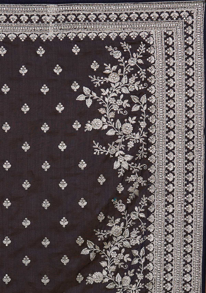 Navy Blue Silver Zariwork Raw Silk Saree-Koskii