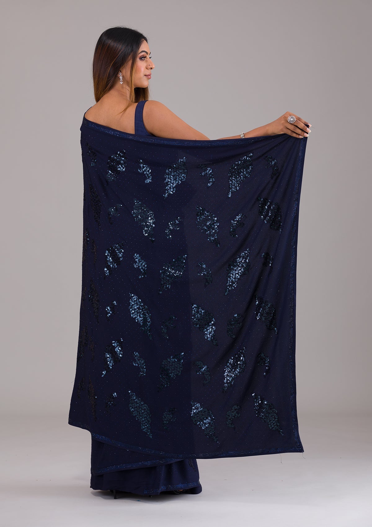 Navy Blue Sequins Art Silk Saree-Koskii