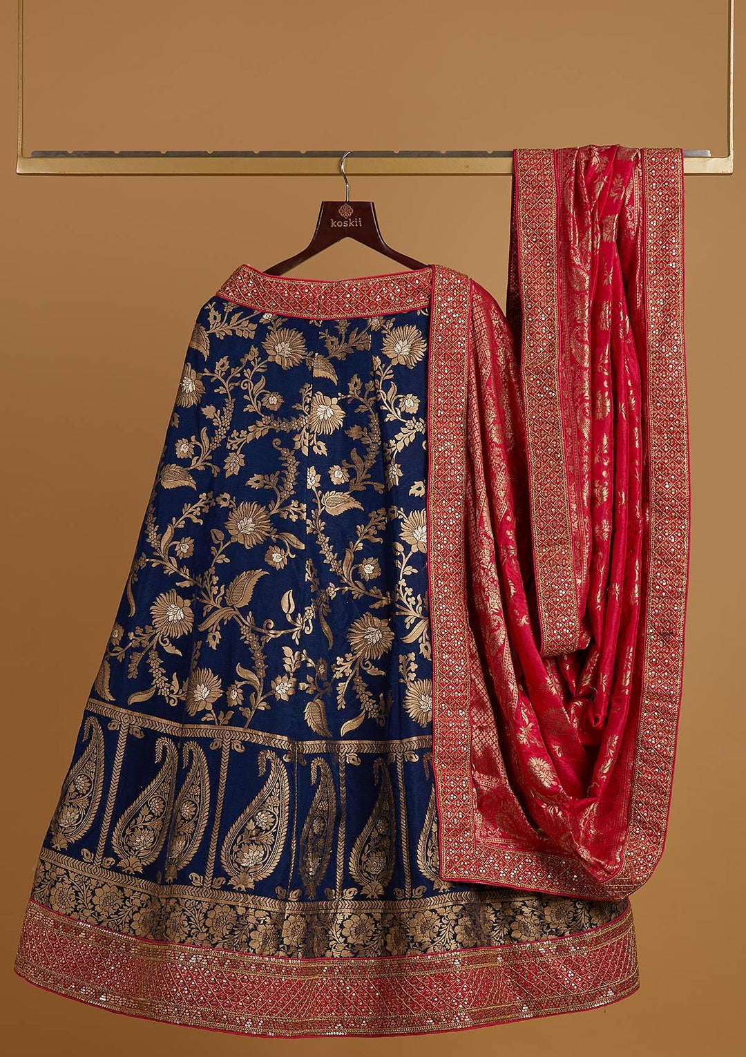 Navy Blue Sequins Banarasi Designer Semi-Stitched Lehenga - koskii