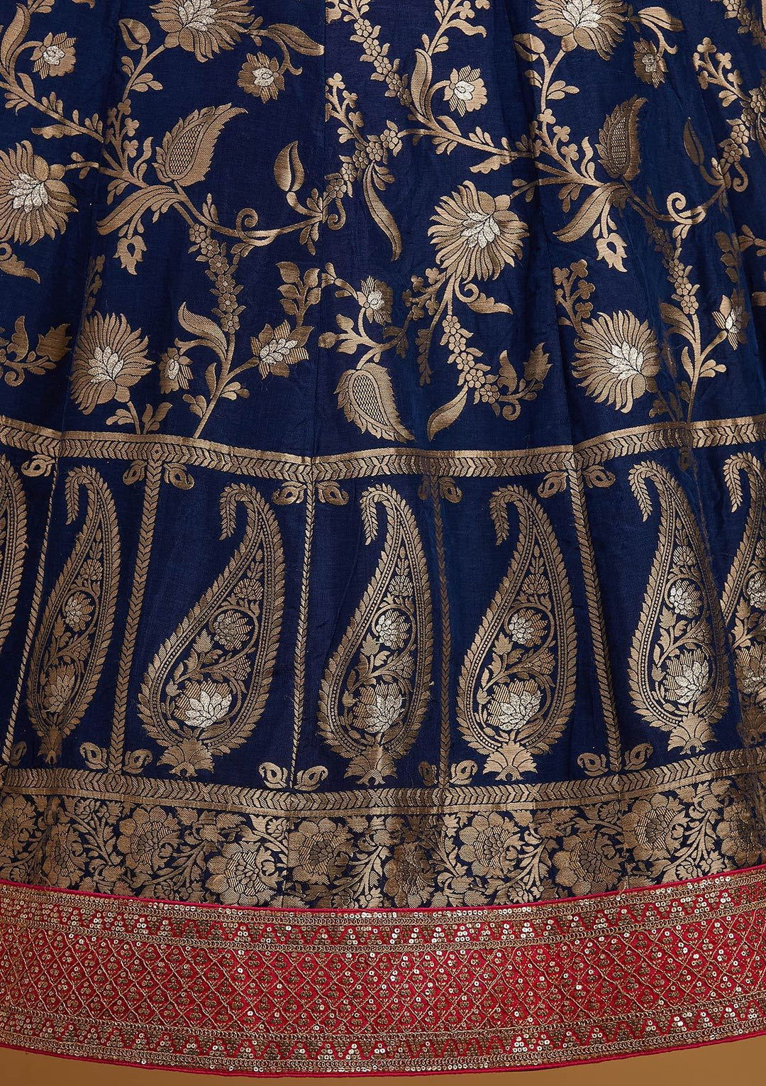 Navy Blue Sequins Banarasi Designer Semi-Stitched Lehenga - koskii