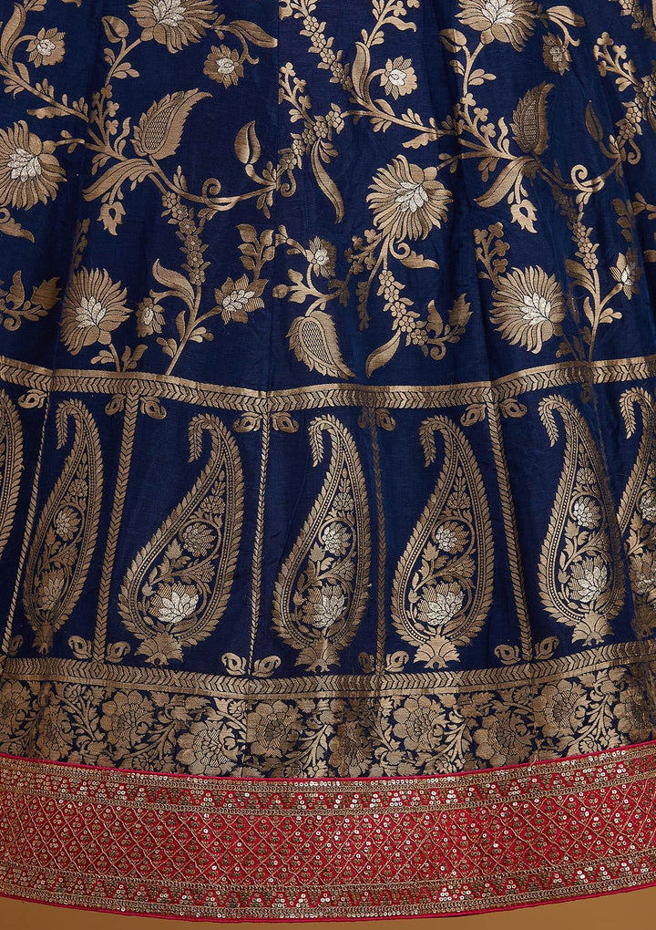 Navy Blue Sequins Banarasi Designer Semi-Stitched Lehenga - koskii
