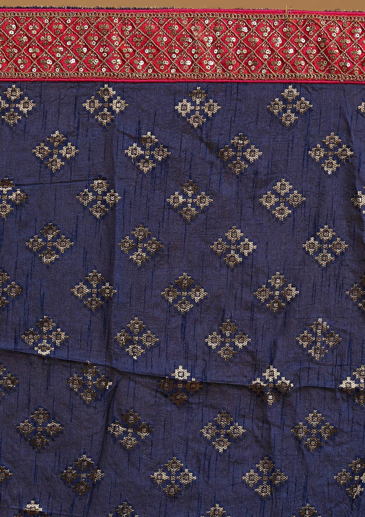 Navy Blue Sequins Banarasi Designer Semi-Stitched Lehenga - koskii