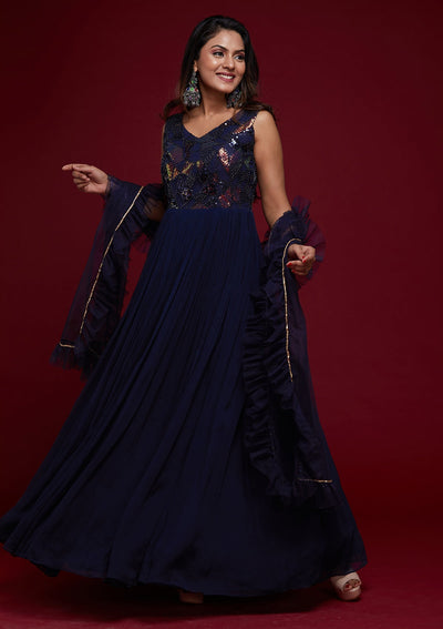 Navy Blue Sequins Georgette Designer Gown - Koskii