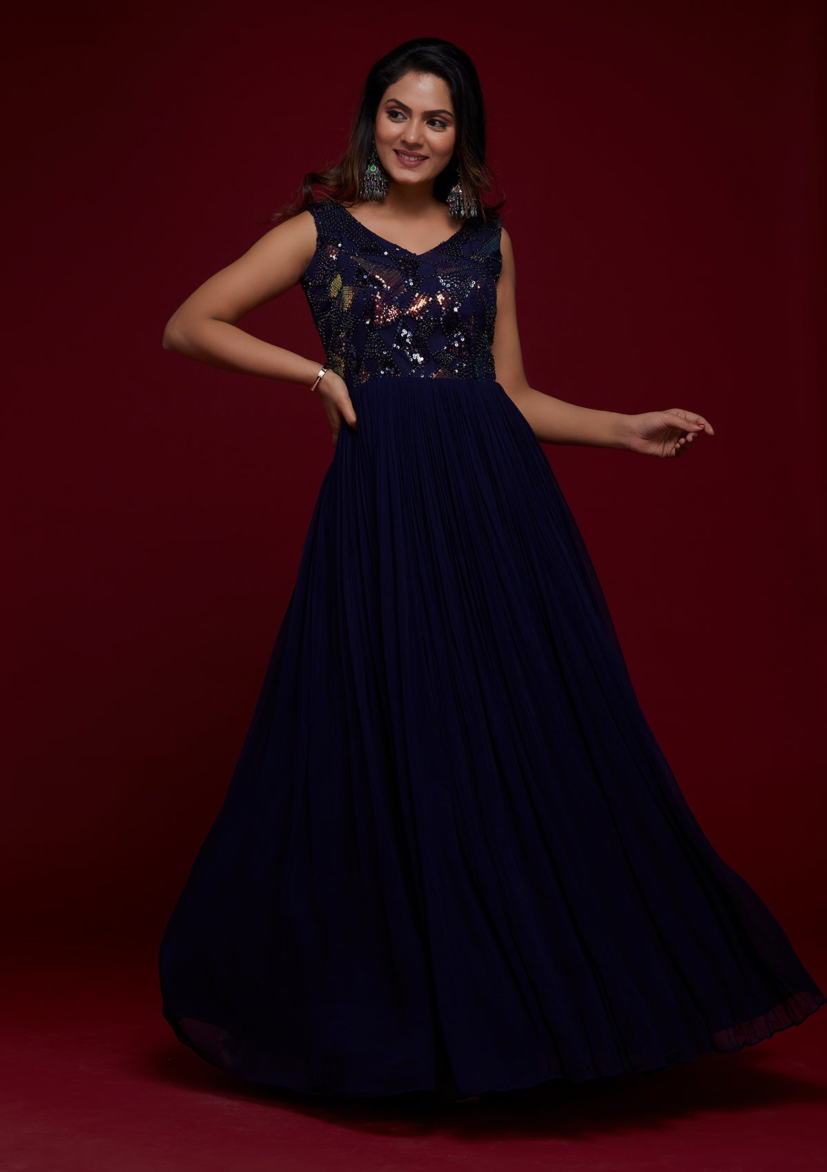 Navy Blue Sequins Georgette Designer Gown