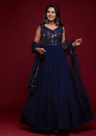 Navy Blue Sequins Georgette Designer Gown - Koskii