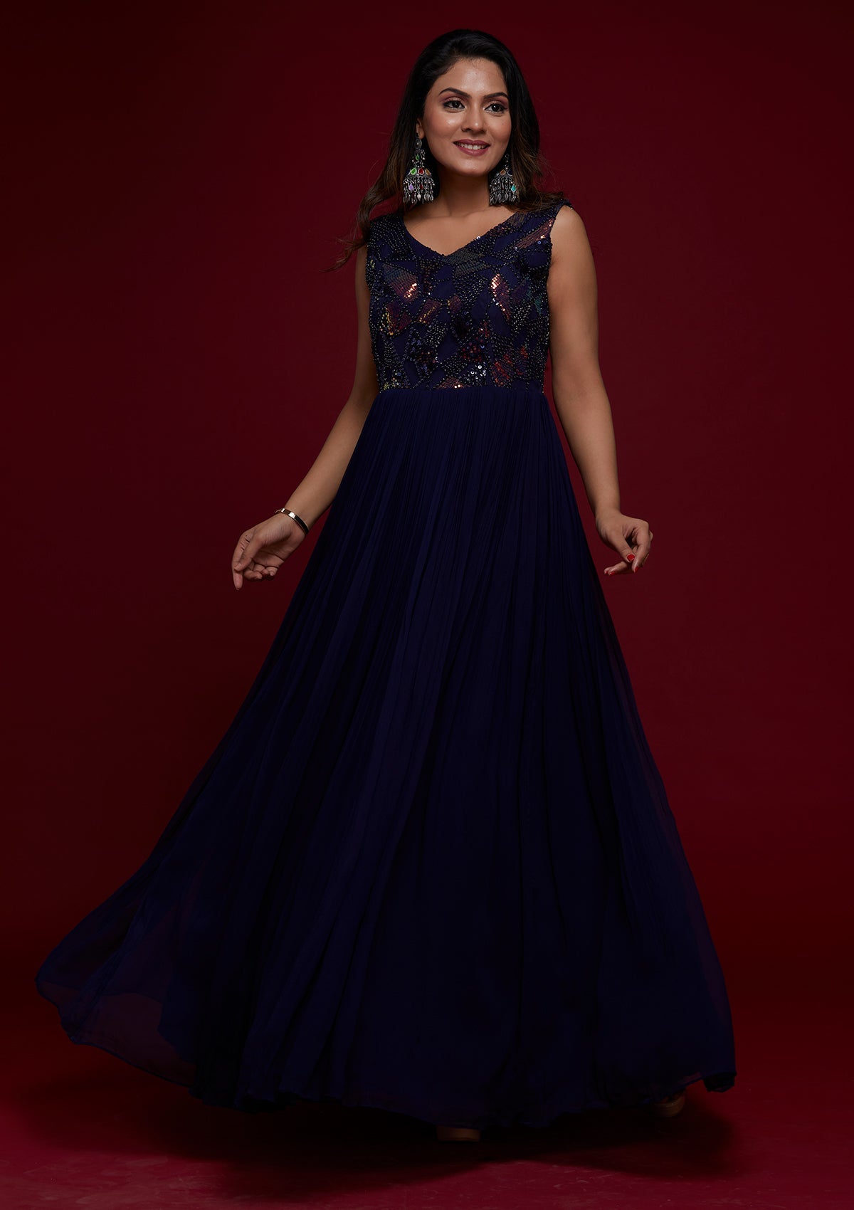 Navy Blue Sequins Georgette Designer Gown - Koskii