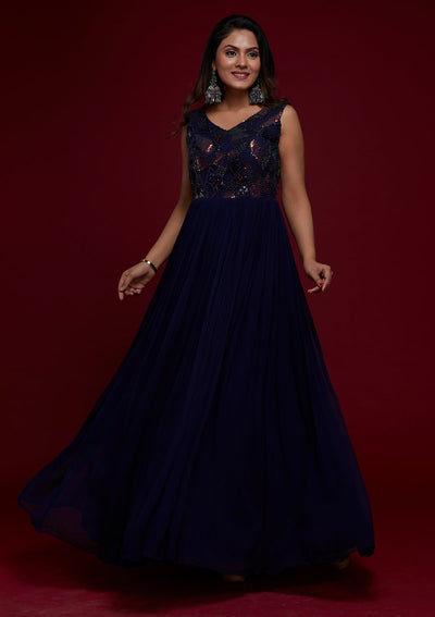 Navy Blue Sequins Georgette Designer Gown - Koskii