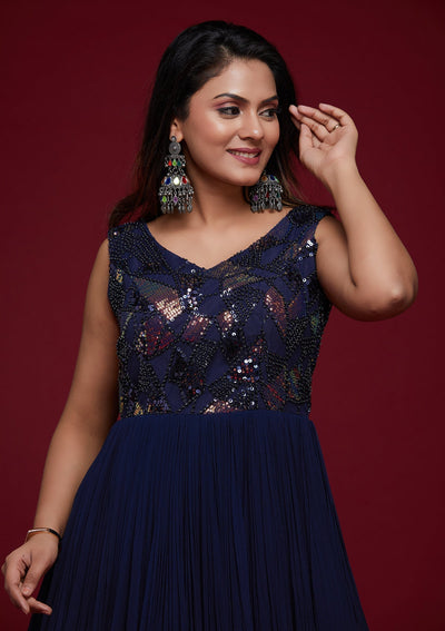 Navy Blue Sequins Georgette Designer Gown - Koskii