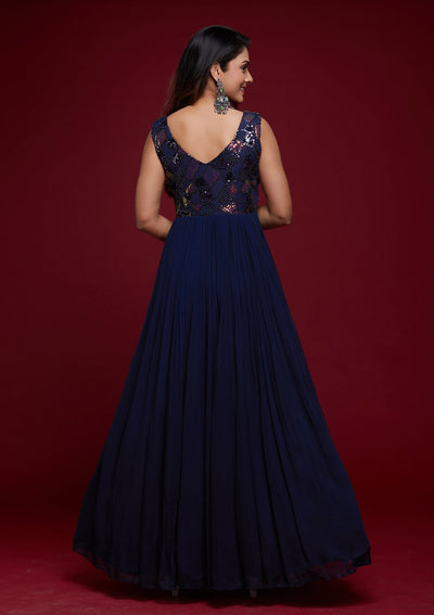 Navy Blue Sequins Georgette Designer Gown - Koskii