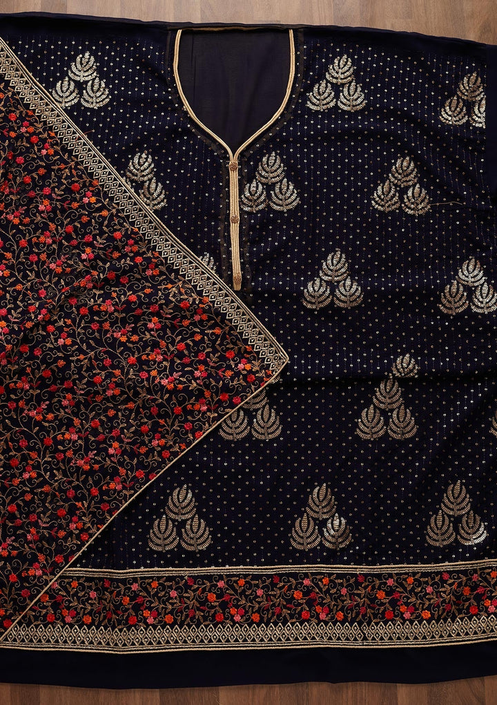 Navy Blue Sequins Georgette Designer Semi-Stitched Salwar Suit - Koskii