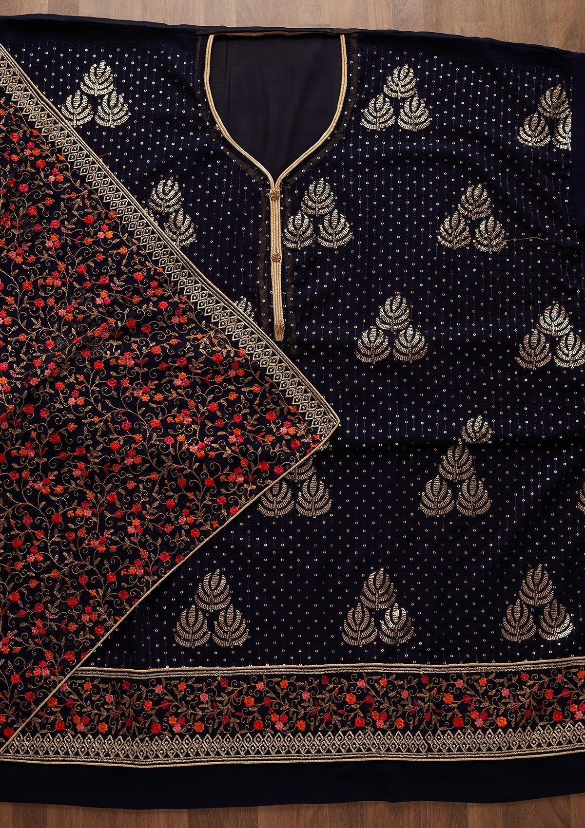 Navy Blue Sequins Georgette Designer Semi-Stitched Salwar Suit - Koskii