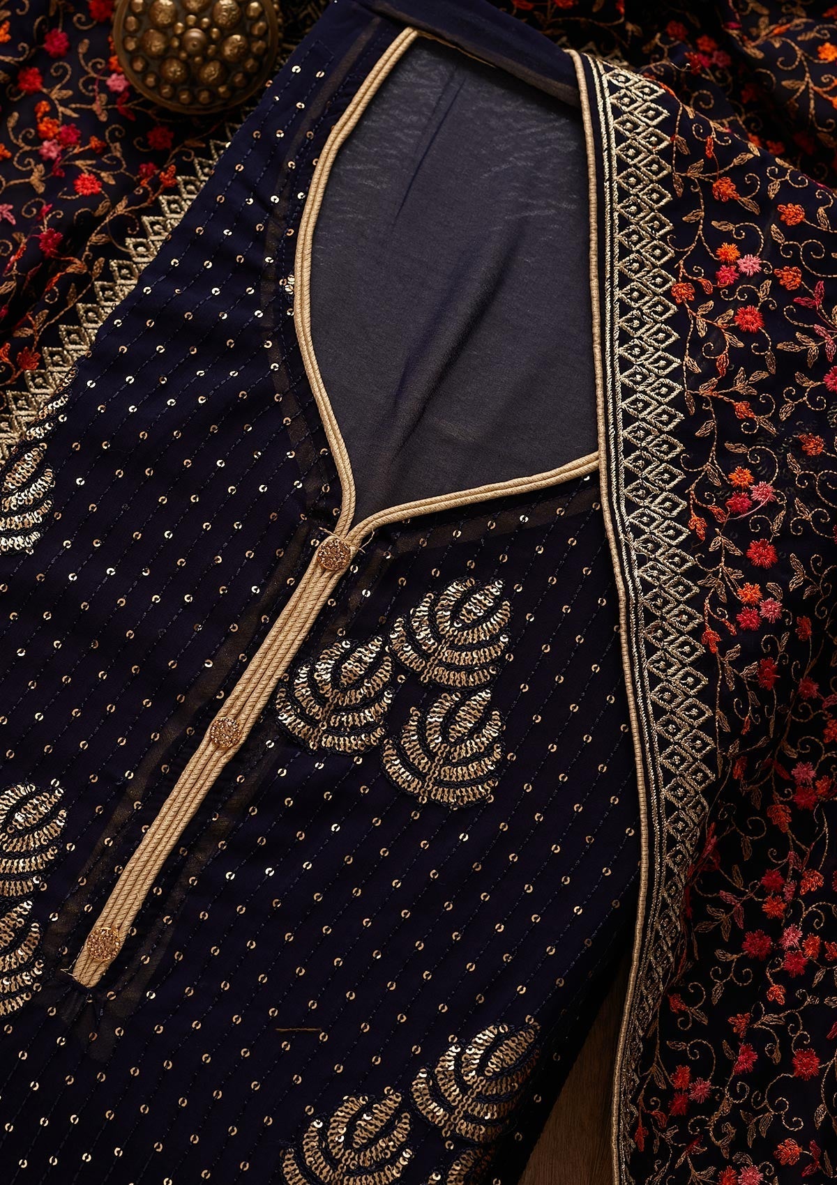 Navy Blue Sequins Georgette Designer Semi-Stitched Salwar Suit - Koskii