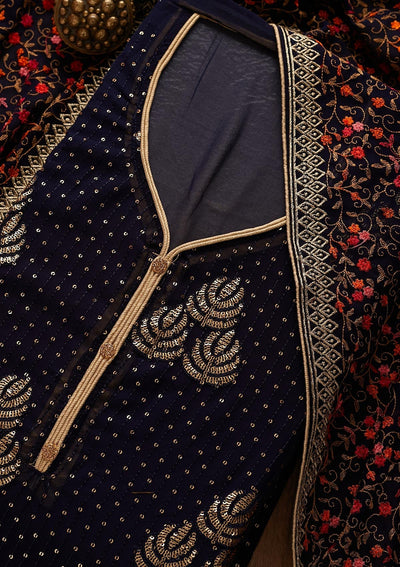 Navy Blue Sequins Georgette Designer Semi-Stitched Salwar Suit - Koskii
