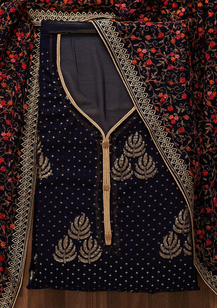 Navy Blue Sequins Georgette Designer Semi-Stitched Salwar Suit - Koskii
