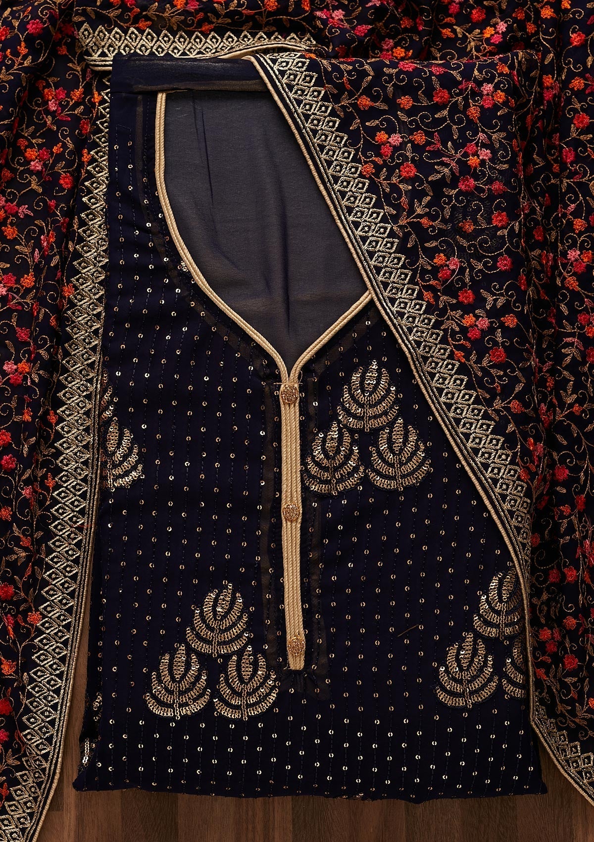 Navy Blue Sequins Georgette Designer Semi-Stitched Salwar Suit - Koskii