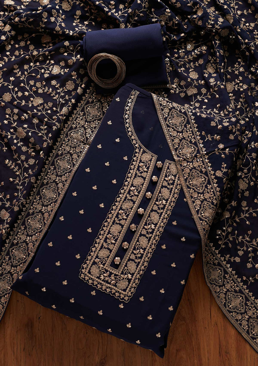 Navy Blue Sequins Georgette Designer Unstitched Salwar Suit - koskii