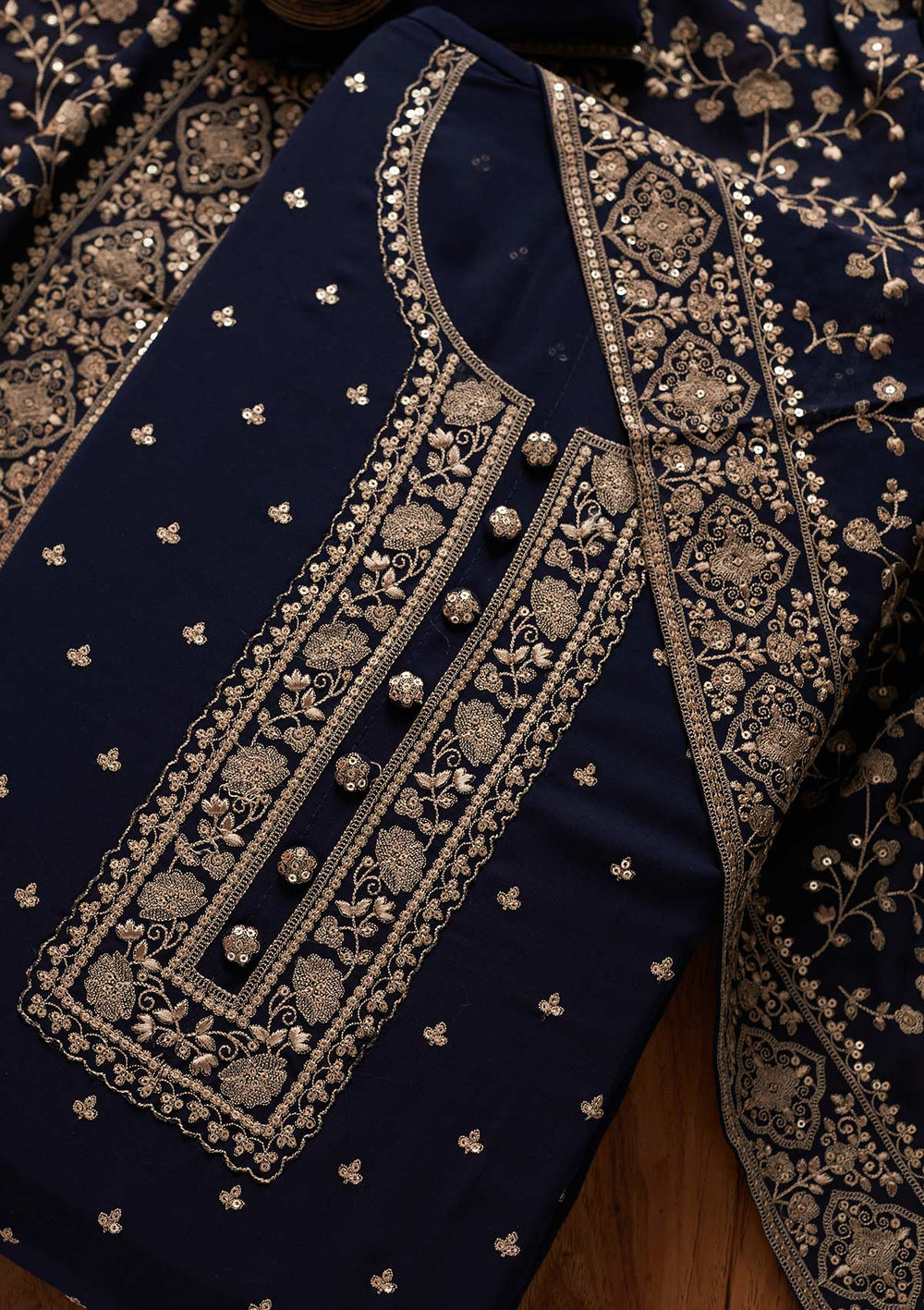 Navy Blue Sequins Georgette Designer Unstitched Salwar Suit - koskii