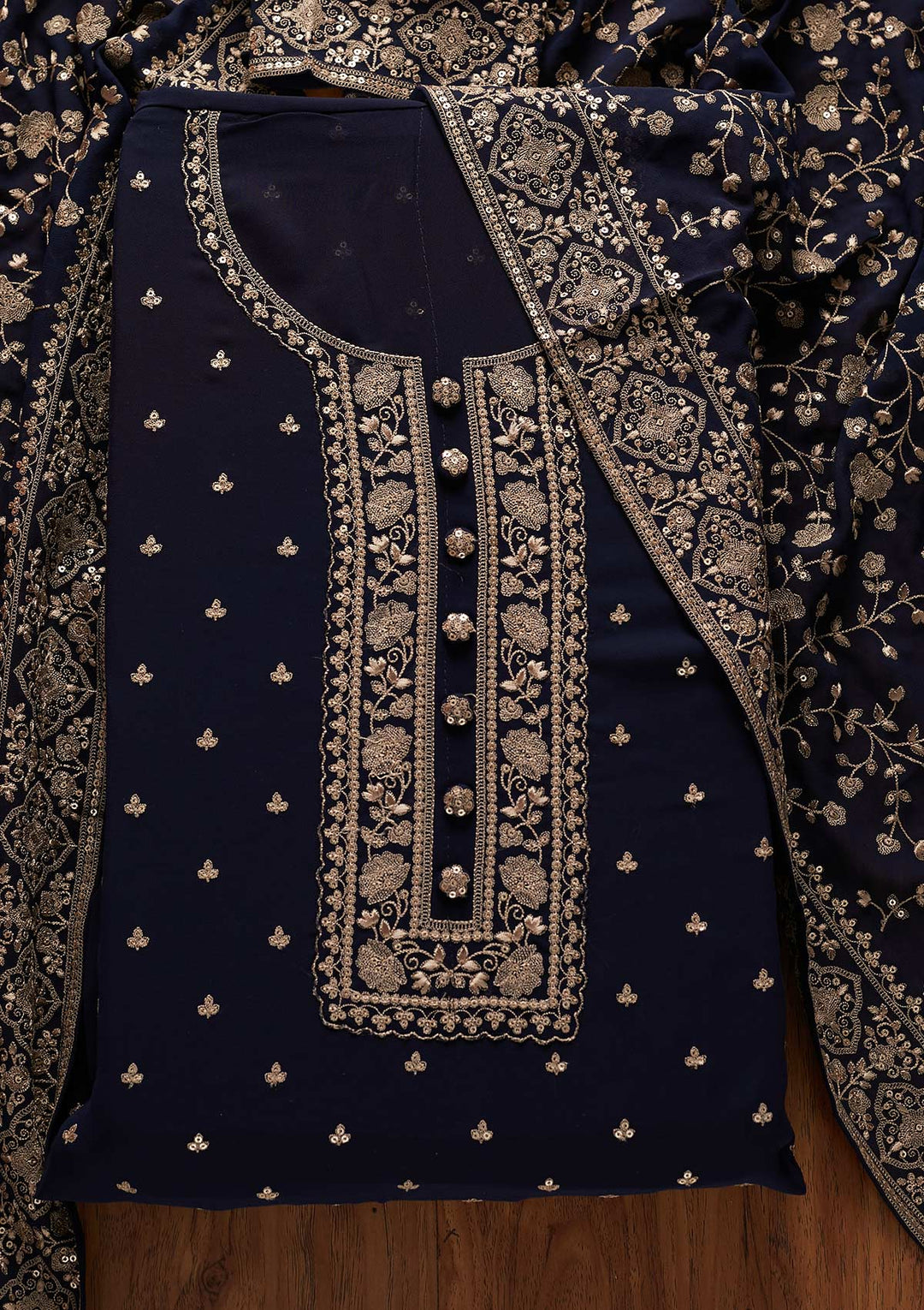 Navy Blue Sequins Georgette Designer Unstitched Salwar Suit - koskii