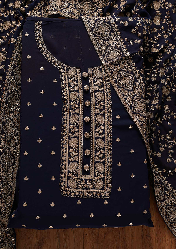 Navy Blue Sequins Georgette Designer Unstitched Salwar Suit - koskii