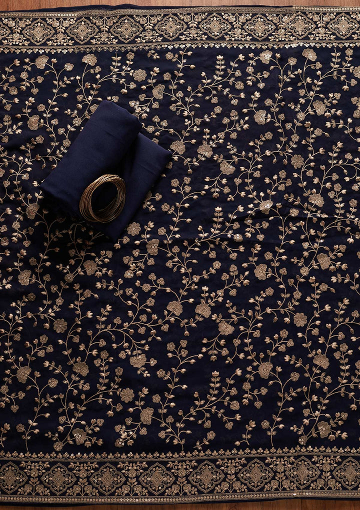 Navy Blue Sequins Georgette Designer Unstitched Salwar Suit - koskii