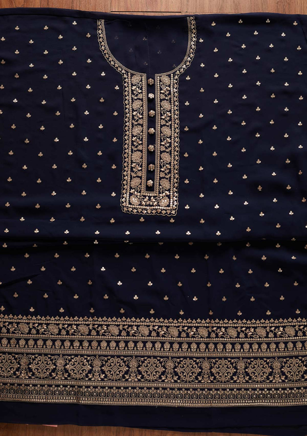 Navy Blue Sequins Georgette Designer Unstitched Salwar Suit - koskii