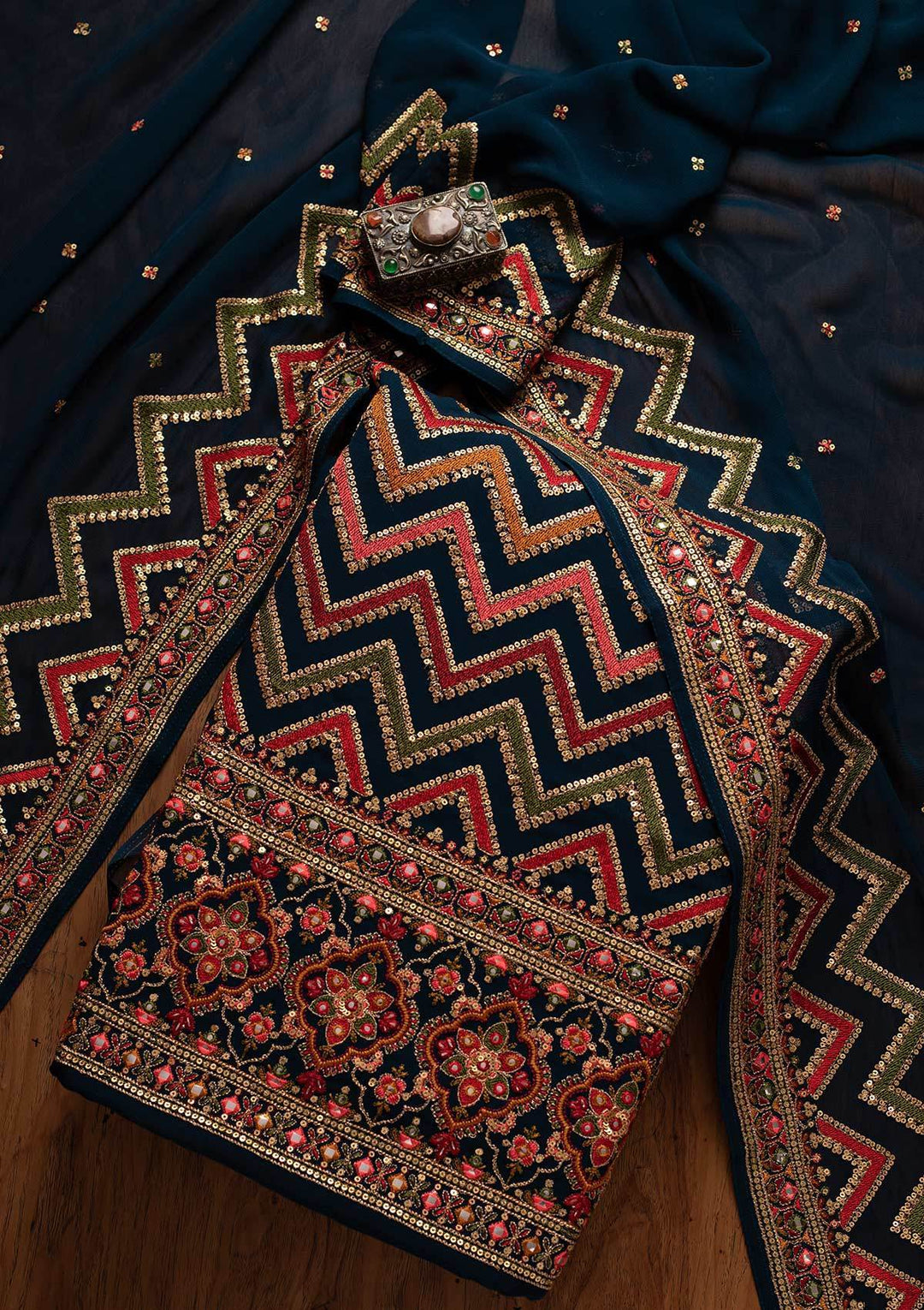 Navy Blue Sequins Georgette Designer Unstitched Salwar Suit - koskii