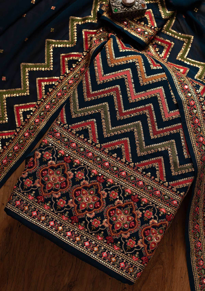 Navy Blue Sequins Georgette Designer Unstitched Salwar Suit - koskii