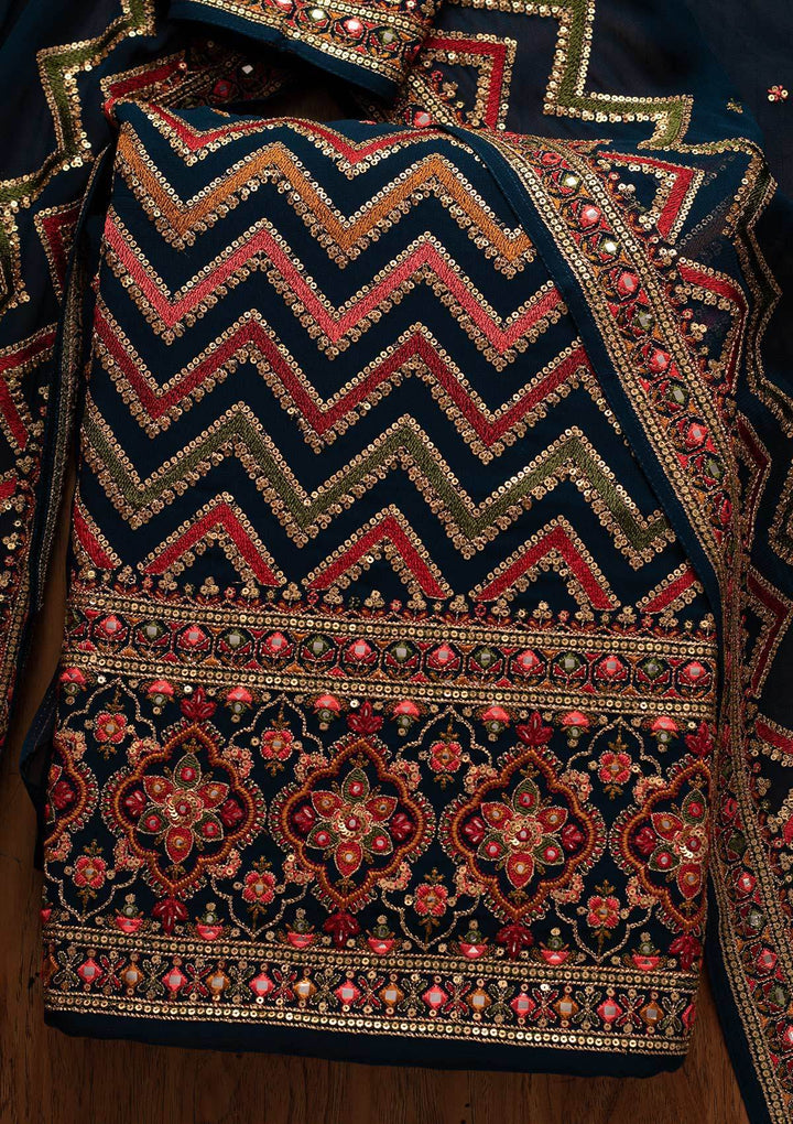 Navy Blue Sequins Georgette Designer Unstitched Salwar Suit - koskii