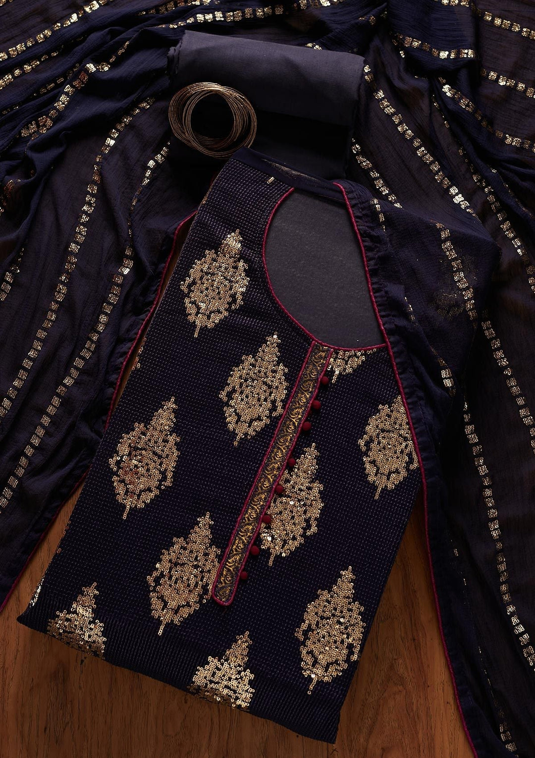 Navy Blue Sequins Georgette Designer Unstitched Salwar Suit - koskii