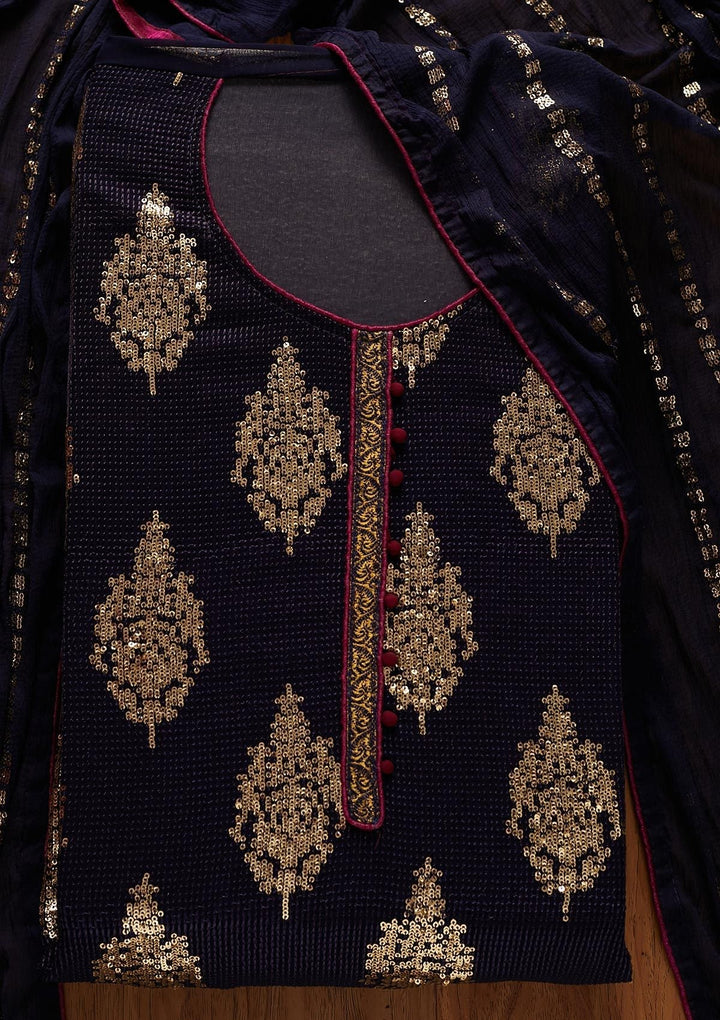Navy Blue Sequins Georgette Designer Unstitched Salwar Suit - koskii