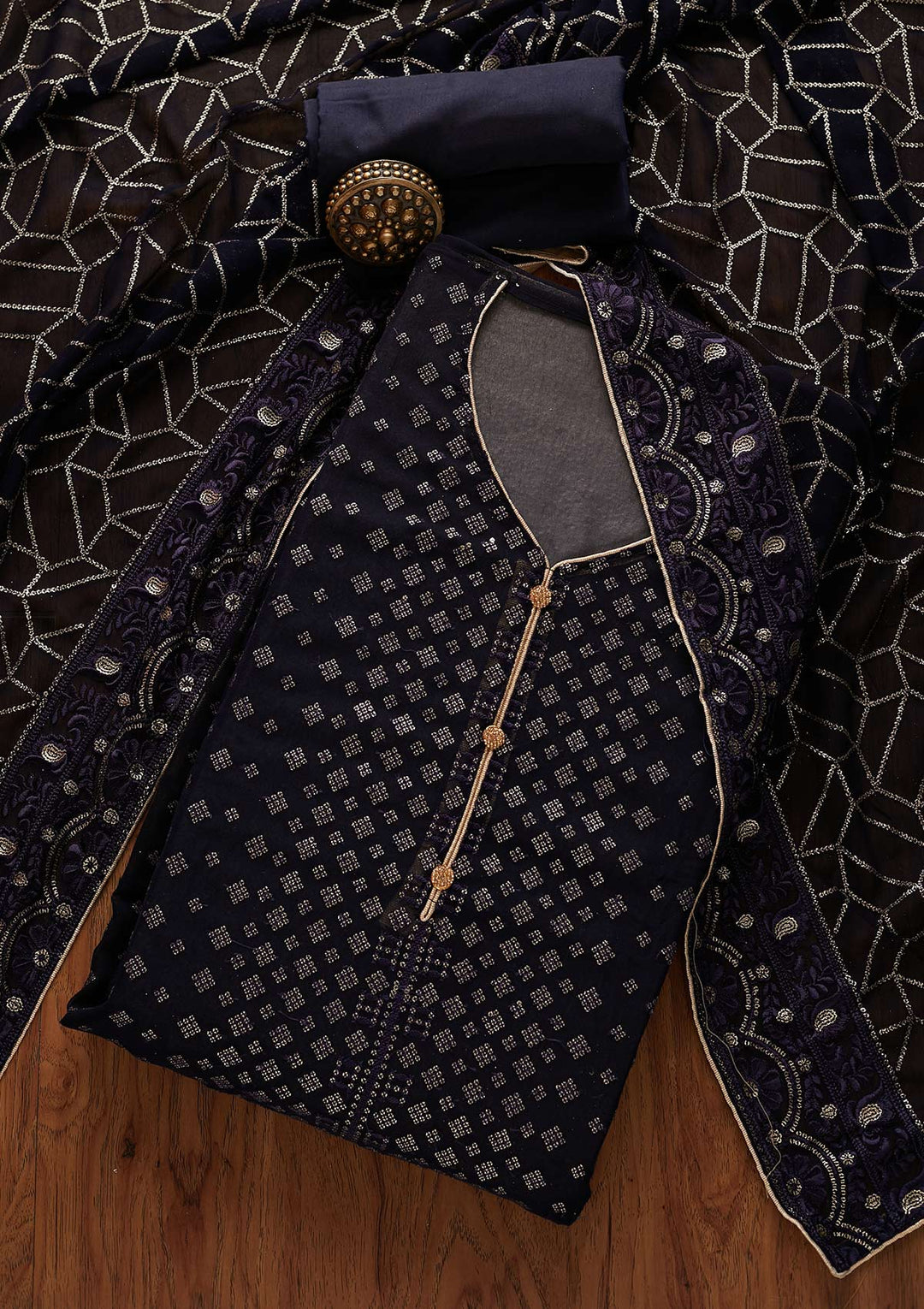 Navy Blue Sequins Georgette Designer Unstitched Salwar Suit - Koskii