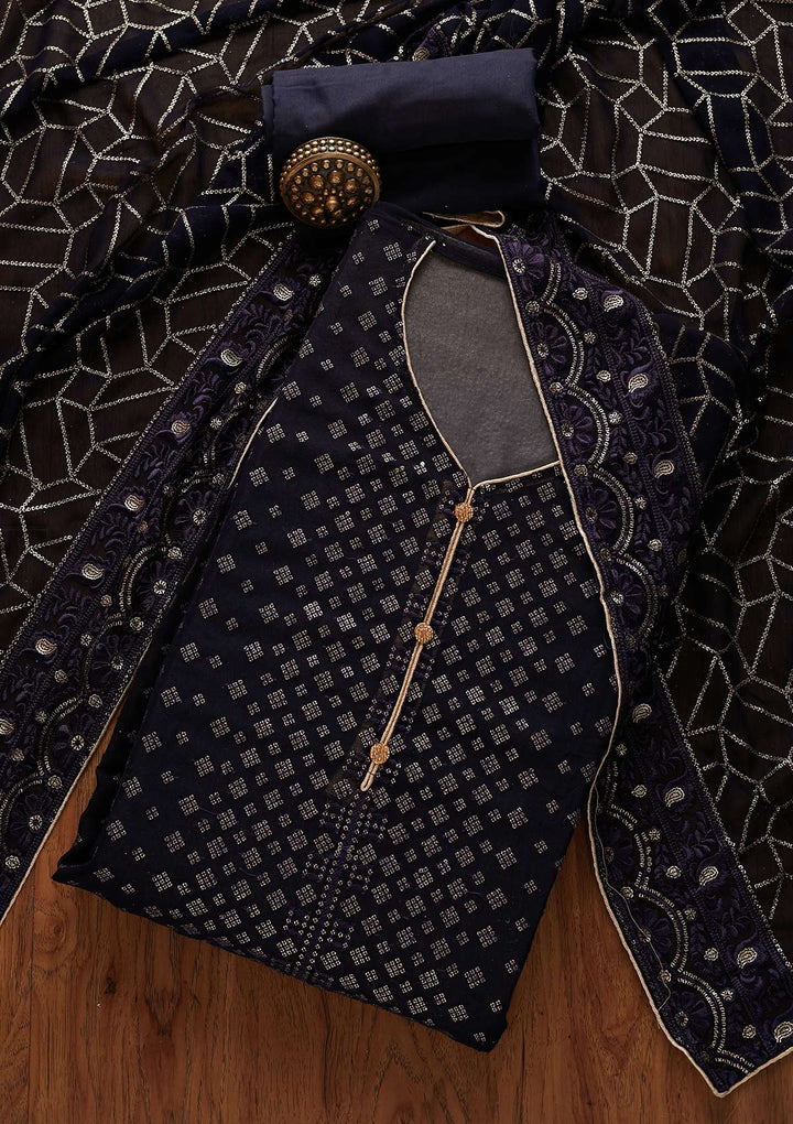 Navy Blue Sequins Georgette Designer Unstitched Salwar Suit - Koskii