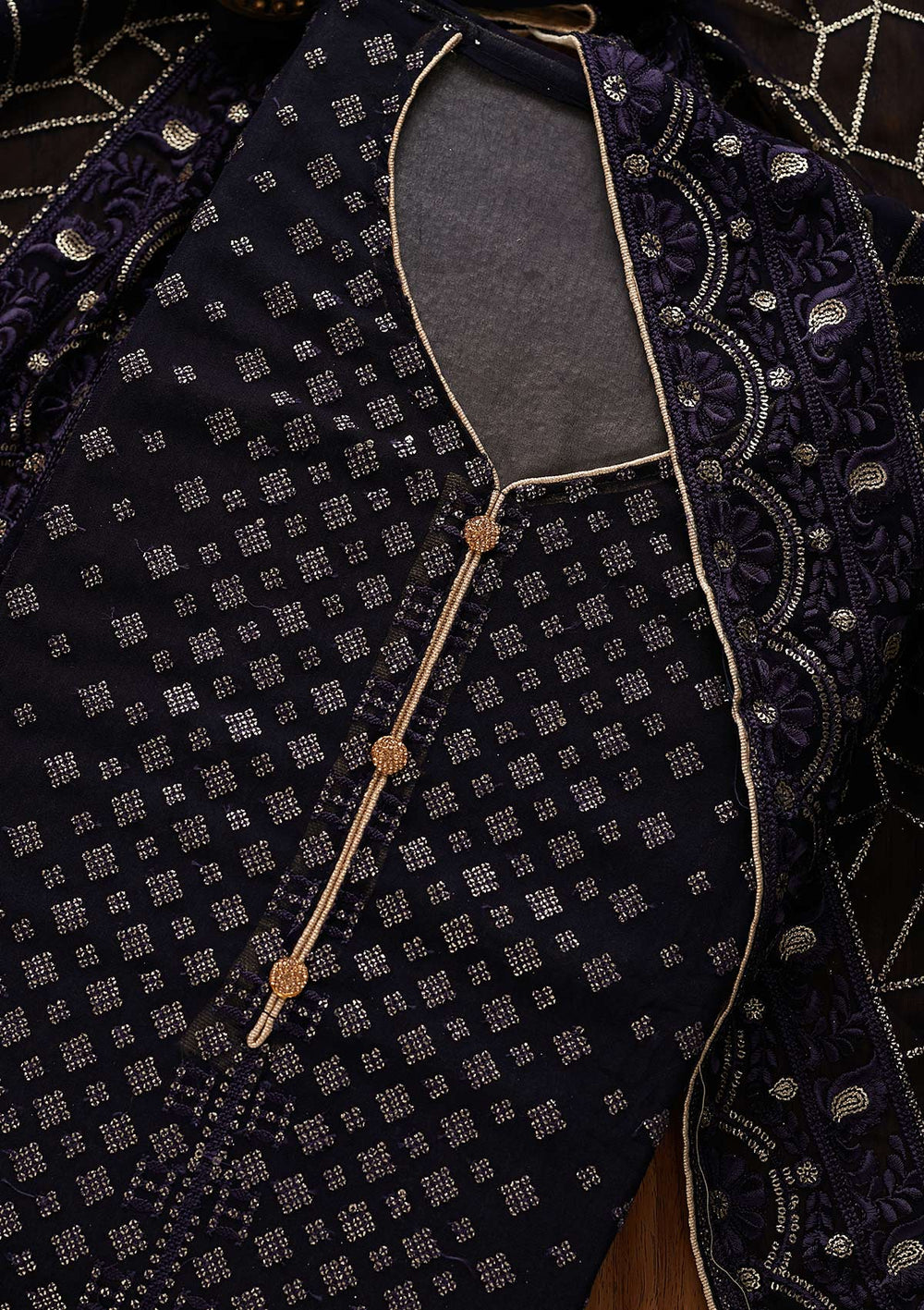 Navy Blue Sequins Georgette Designer Unstitched Salwar Suit - Koskii