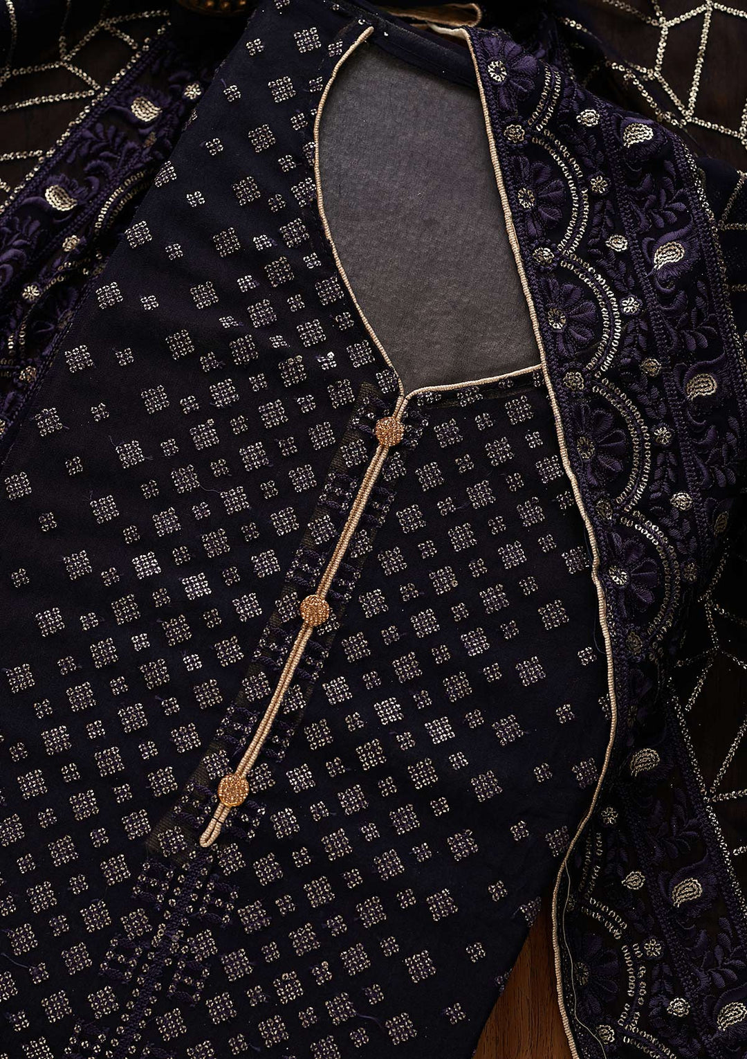 Navy Blue Sequins Georgette Designer Unstitched Salwar Suit - Koskii