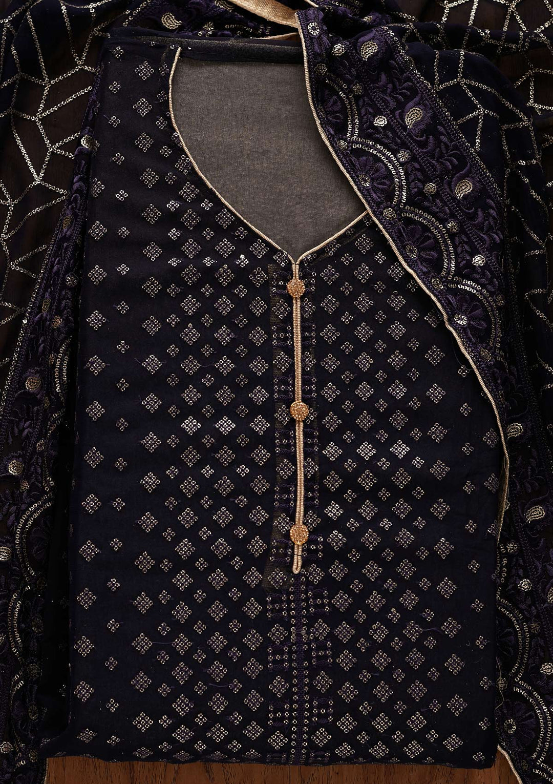 Navy Blue Sequins Georgette Designer Unstitched Salwar Suit - Koskii