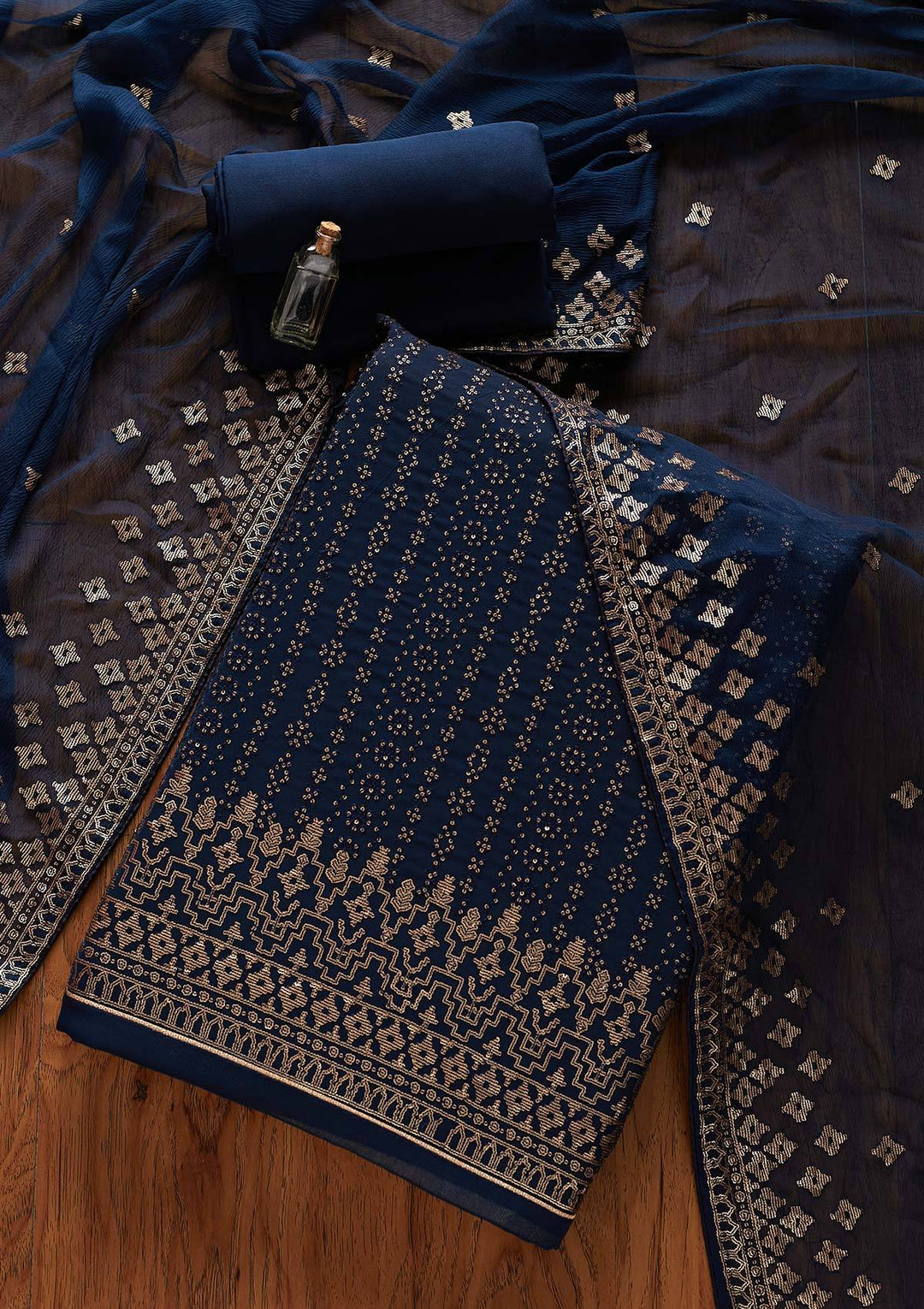 Navy Blue Sequins Georgette Designer Unstitched Salwar Suit - Koskii