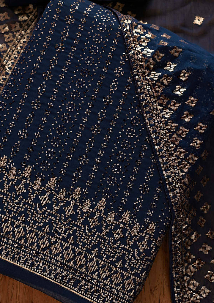Navy Blue Sequins Georgette Designer Unstitched Salwar Suit - Koskii