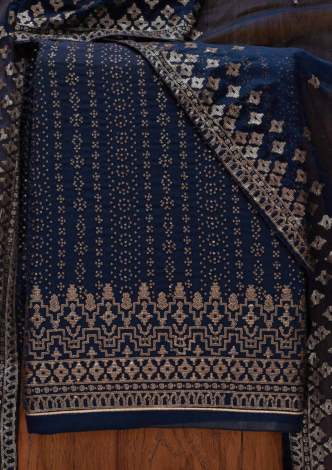 Navy Blue Sequins Georgette Designer Unstitched Salwar Suit - Koskii