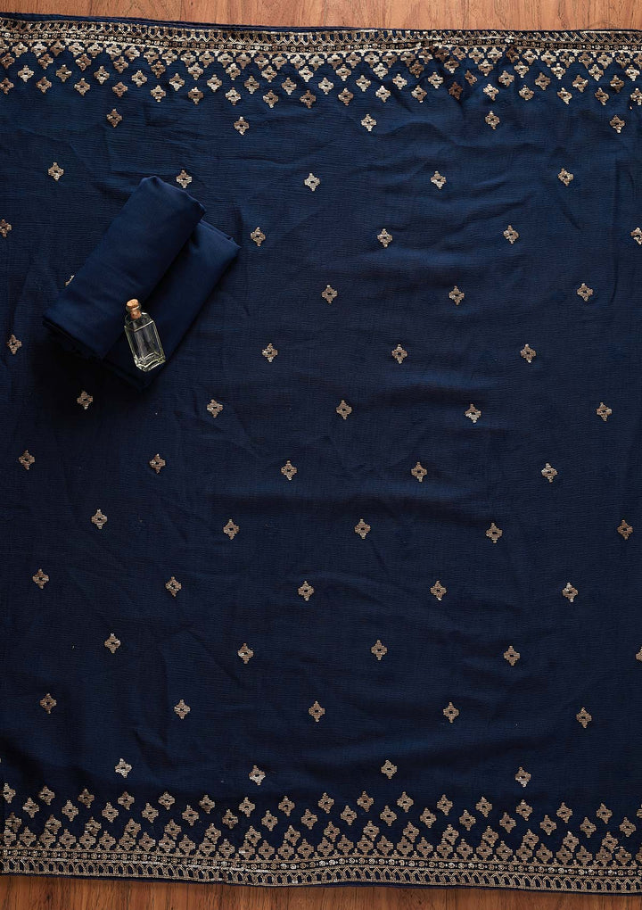 Navy Blue Sequins Georgette Designer Unstitched Salwar Suit - Koskii