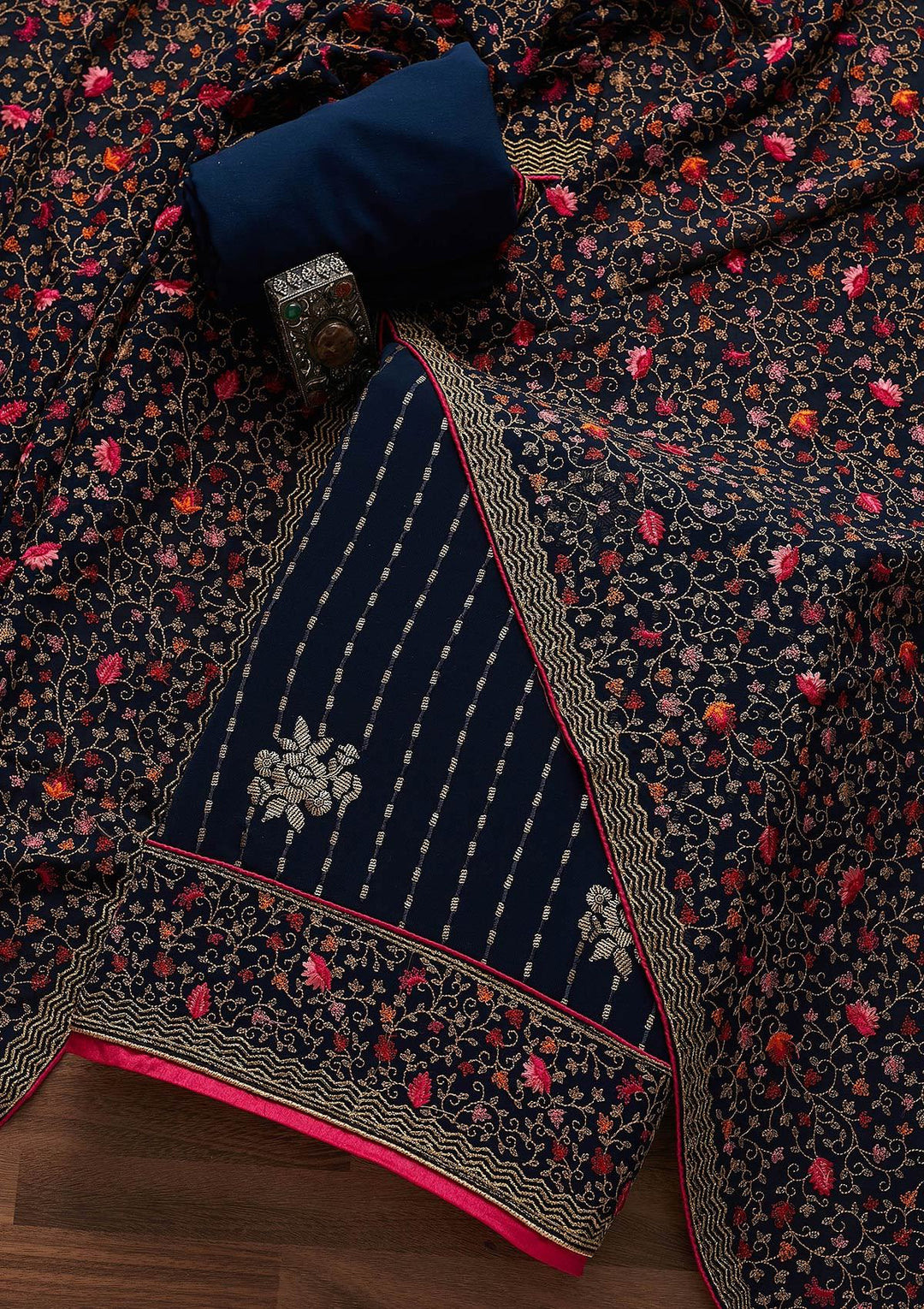 Navy Blue Sequins Georgette Designer Unstitched Salwar Suit - Koskii